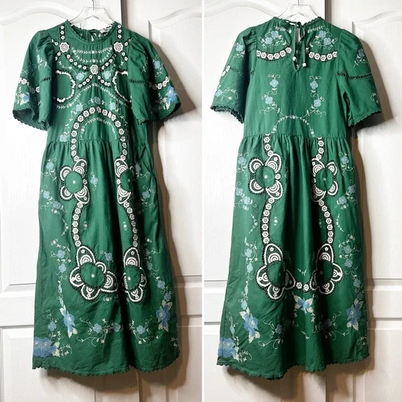 SEA New York Vesna Embroidered Midi Dress Green Floral Cotton Linen Size Small - Picture 5 of 16
